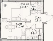 Планировка: 1-к, 38,6 м²