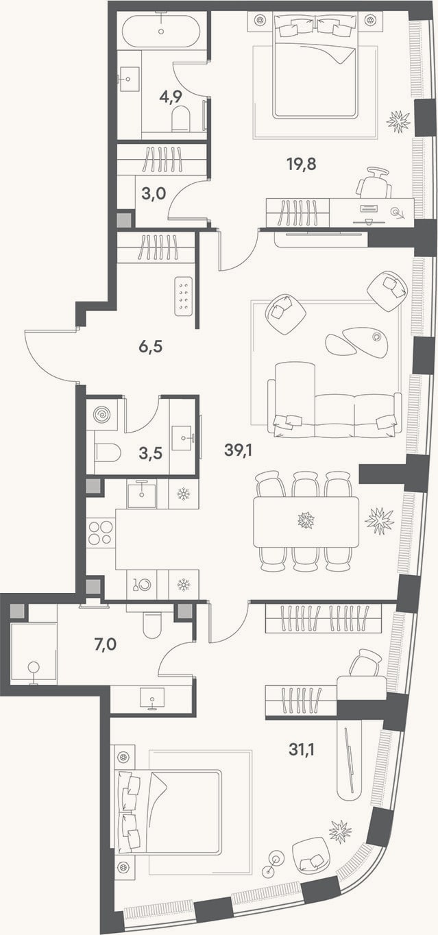 Планировка: 3-к, 114,9 м²