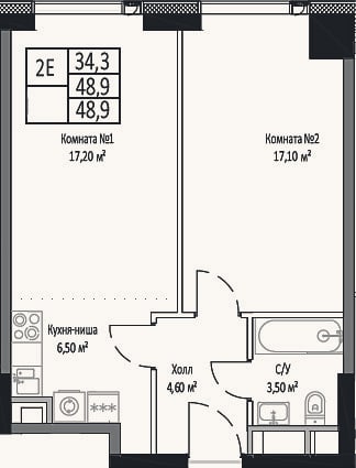 Планировка: 2-к, 48,9 м²