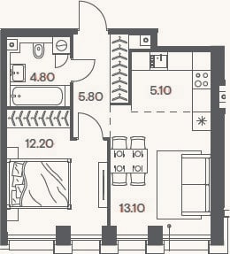 Планировка: 2-к, 41 м²
