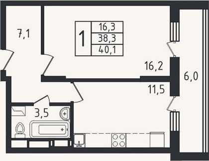 Планировка: 1-к, 36,5 м²