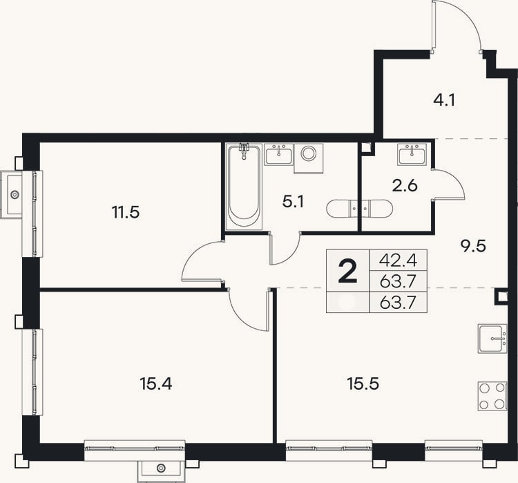 Планировка: 3-к, 63,7 м²