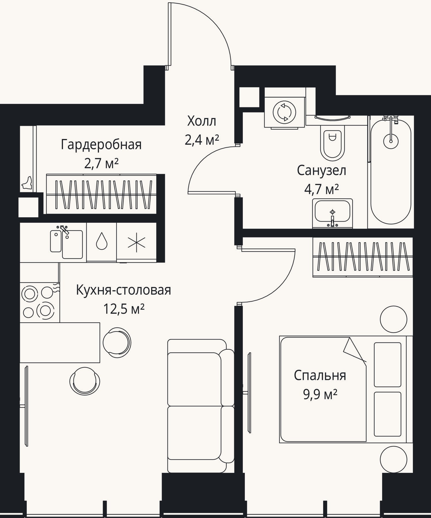 Планировка: 2-к, 32,2 м²