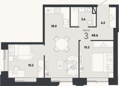 Планировка: 3-к, 48,6 м²