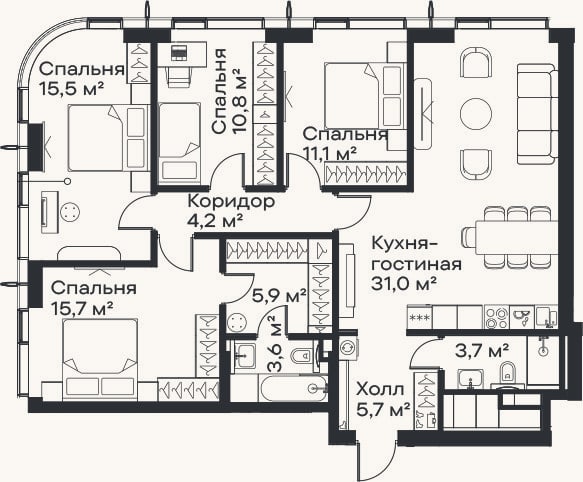 Планировка: 4+ к, 107,2 м²