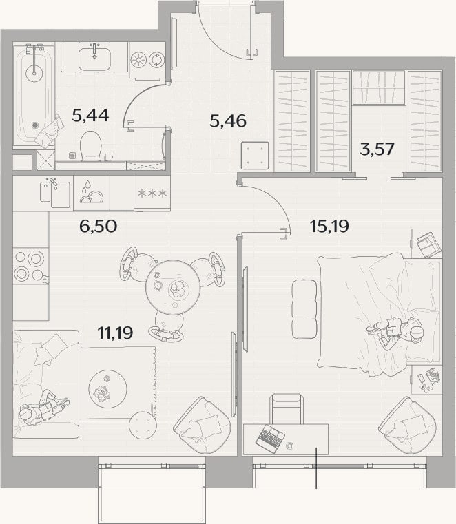 Планировка: 2-к, 47,4 м²