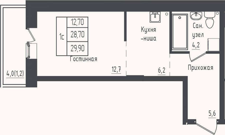 Планировка: Студия, 28,7 м²