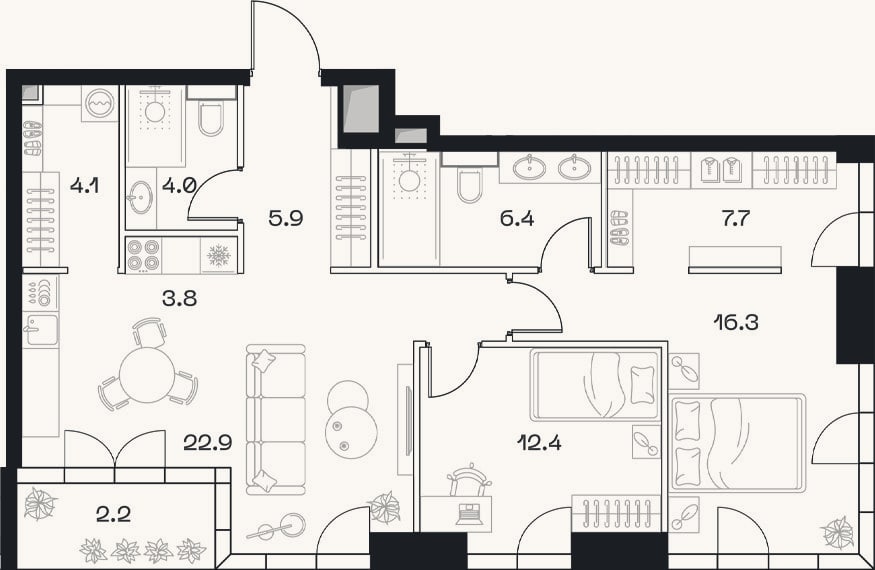 Планировка: 3-к, 83,5 м²
