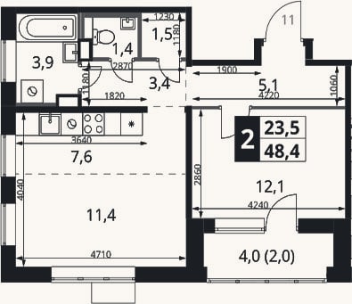 Планировка: 2-к, 46,4 м²