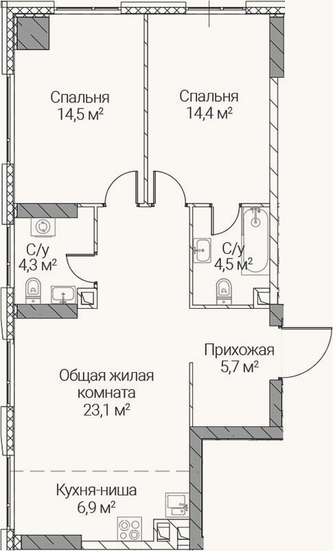Планировка: 3-к, 73,4 м²