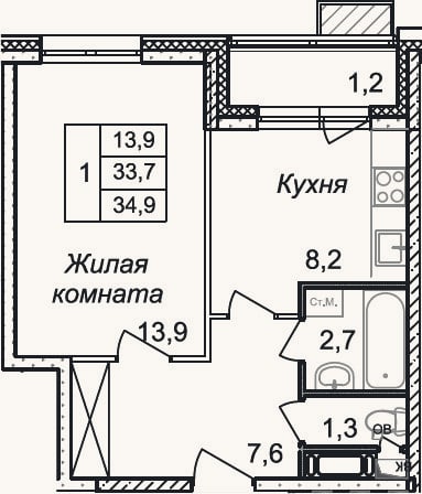 Планировка: 1-к, 33,7 м²