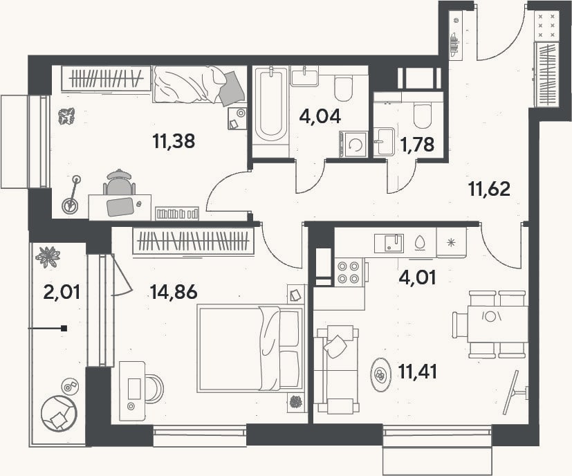 Планировка: 3-к, 59,1 м²