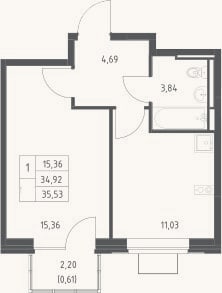 Планировка: 1-к, 34,9 м²