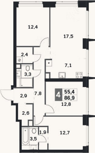 Планировка: 4+ к, 86,9 м²