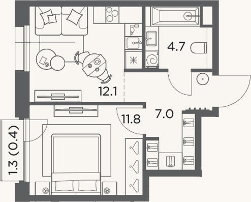 Планировка: 1-к, 35,6 м²