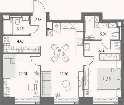 Планировка: 3-к, 64,6 м²