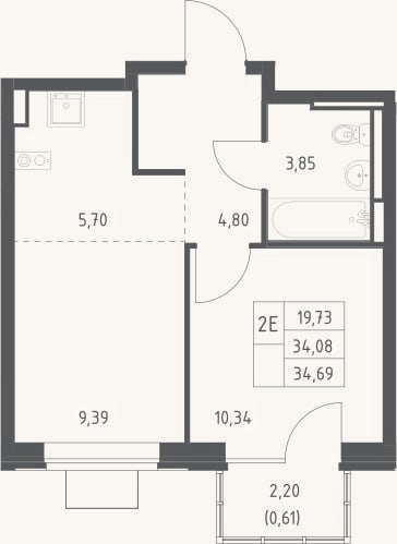 Планировка: 2-к, 34,1 м²