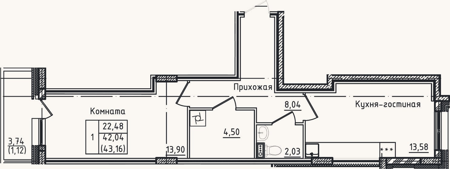 Планировка: 2-к, 42 м²