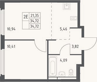 Планировка: 2-к, 34,7 м²