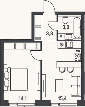 Планировка: 2-к, 37,1 м²