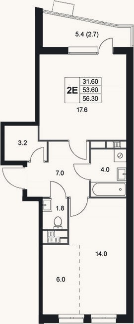 Планировка: 2-к, 53,6 м²