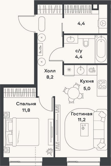 Планировка: 2-к, 45 м²