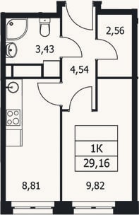 Планировка: 1-к, 29,2 м²