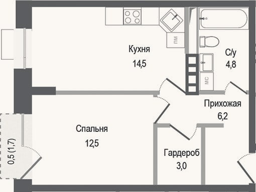 Планировка: 1-к, 41 м²