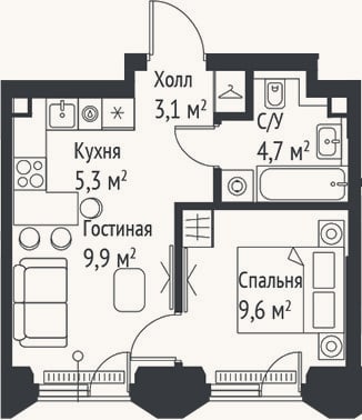 Планировка: 2-к, 32,6 м²