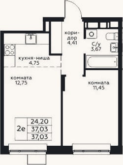Планировка: 2-к, 37 м²