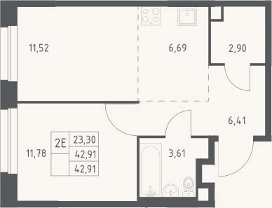 Планировка: 2-к, 42,9 м²