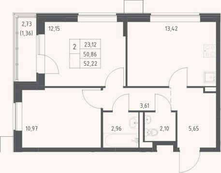 Планировка: 2-к, 50,9 м²