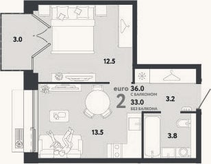 Планировка: 2-к, 33 м²