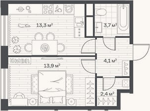 Планировка: 1-к, 37,4 м²
