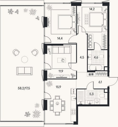 Планировка: 3-к, 76,9 м²