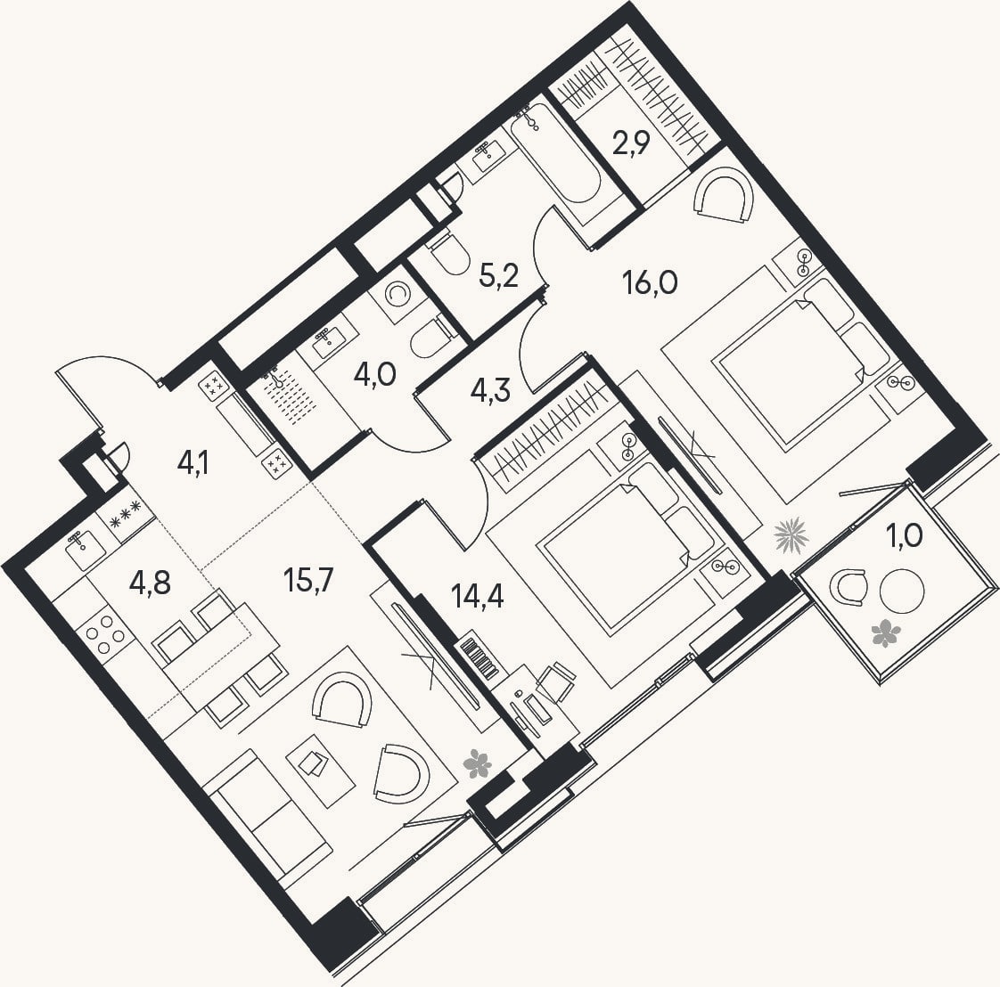 Планировка: 3-к, 71,4 м²