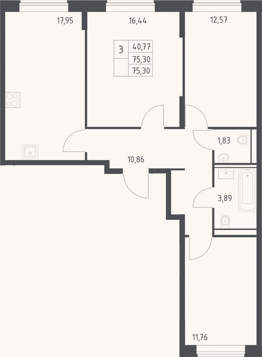 Планировка: 3-к, 75,3 м²