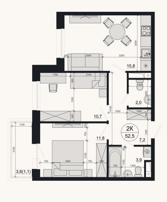 Планировка: 2-к, 51,4 м²