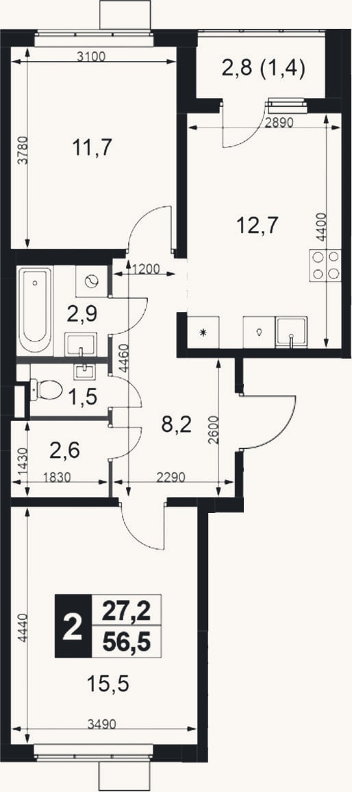 Планировка: 2-к, 55,1 м²