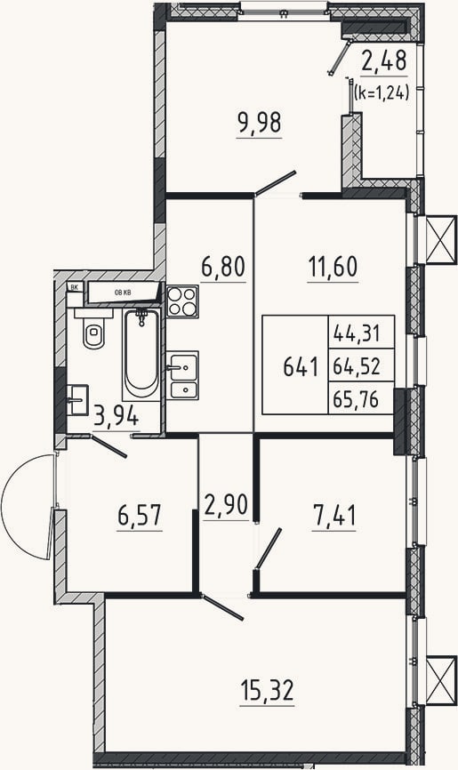 Планировка: 4+ к, 64,5 м²