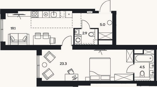 Планировка: 2-к, 54,8 м²