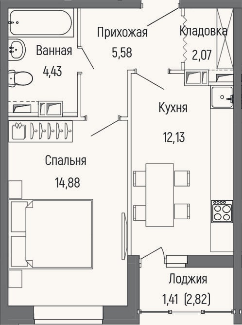 Планировка: 1-к, 39,1 м²
