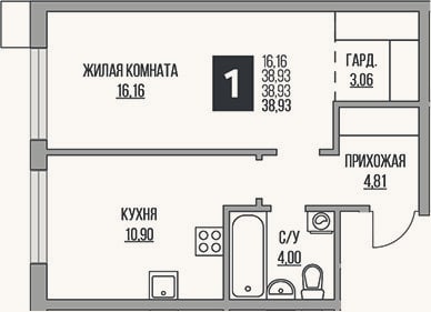 Планировка: 2-к, 38,9 м²