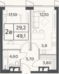 Планировка: 1-к, 49,1 м²