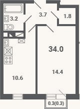 Планировка: 1-к, 33,7 м²