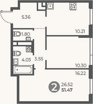Планировка: 2-к, 51,5 м²