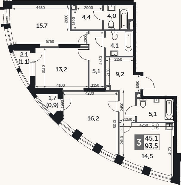 Планировка: 3-к, 91,5 м²