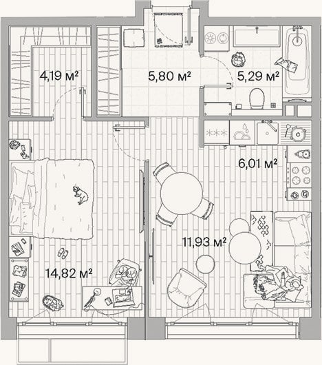 Планировка: 2-к, 48 м²