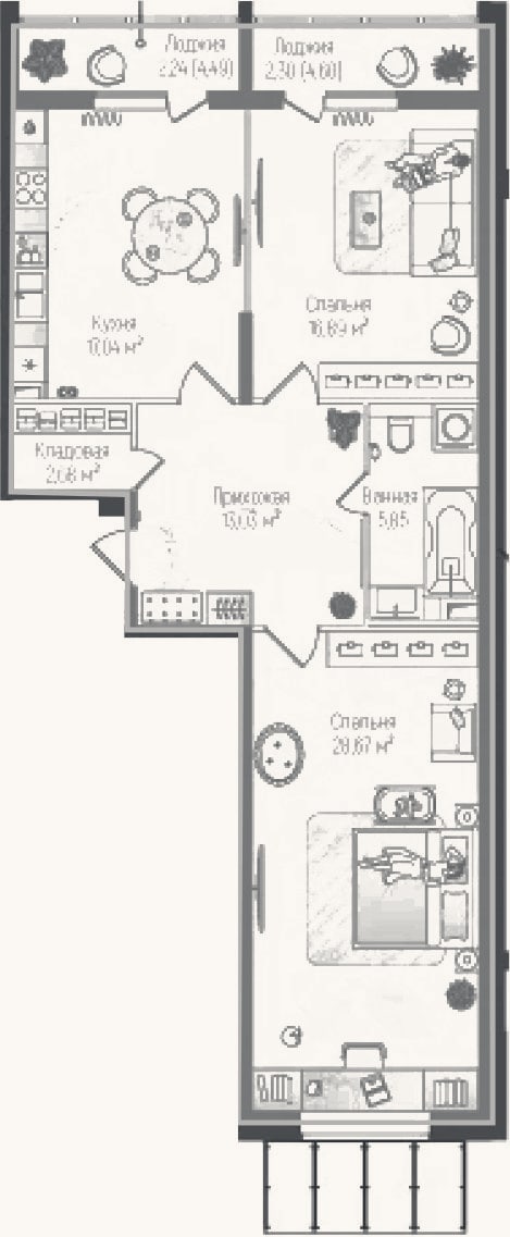 Планировка: 2-к, 84,2 м²