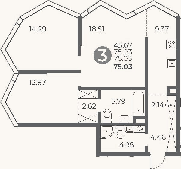 Планировка: 2-к, 75 м²